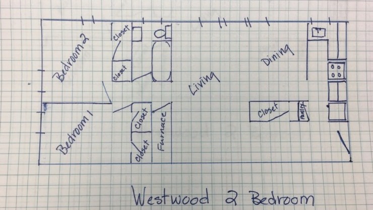 Floor plan for 2 beds, 1 bath